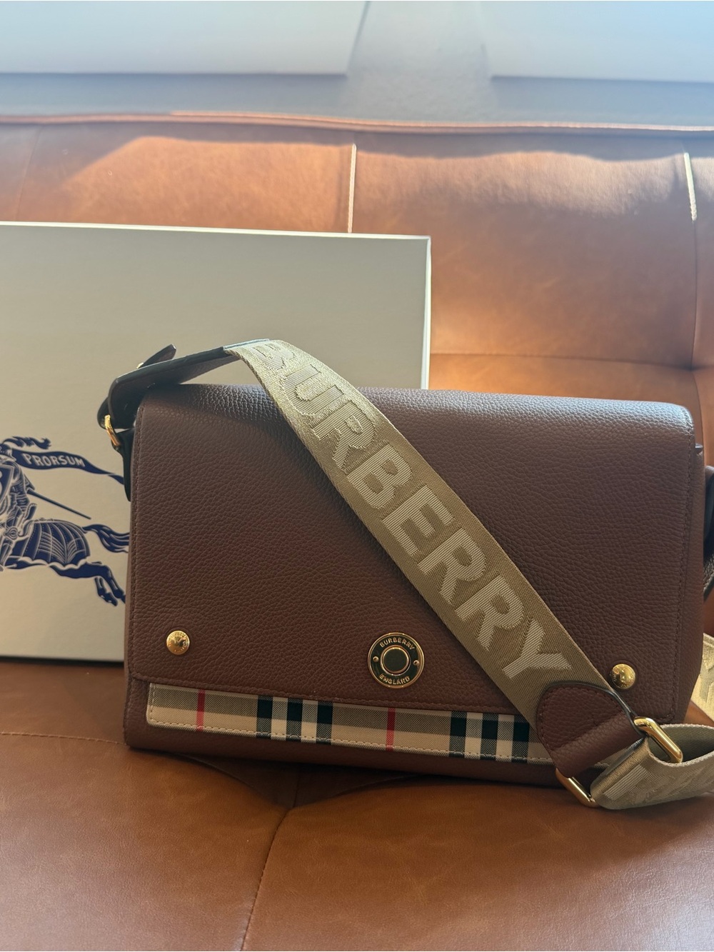 Burberry Women Brown Black Check Note Coated Canvas Top-Handle Leather Purse Bag